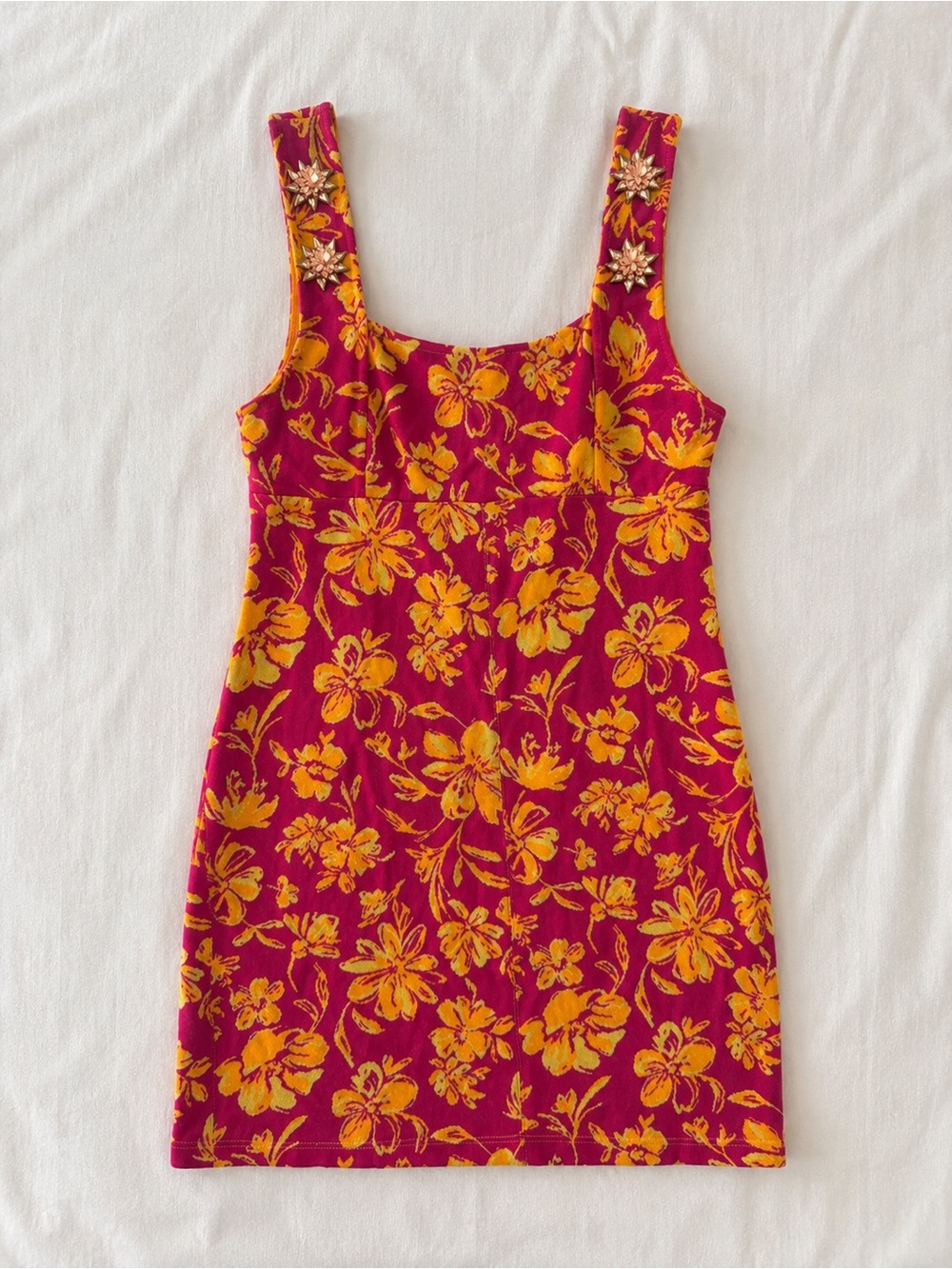 Zara Pink & Yellow Floral Jacquard Mini Dress Sz S Embellished Straps